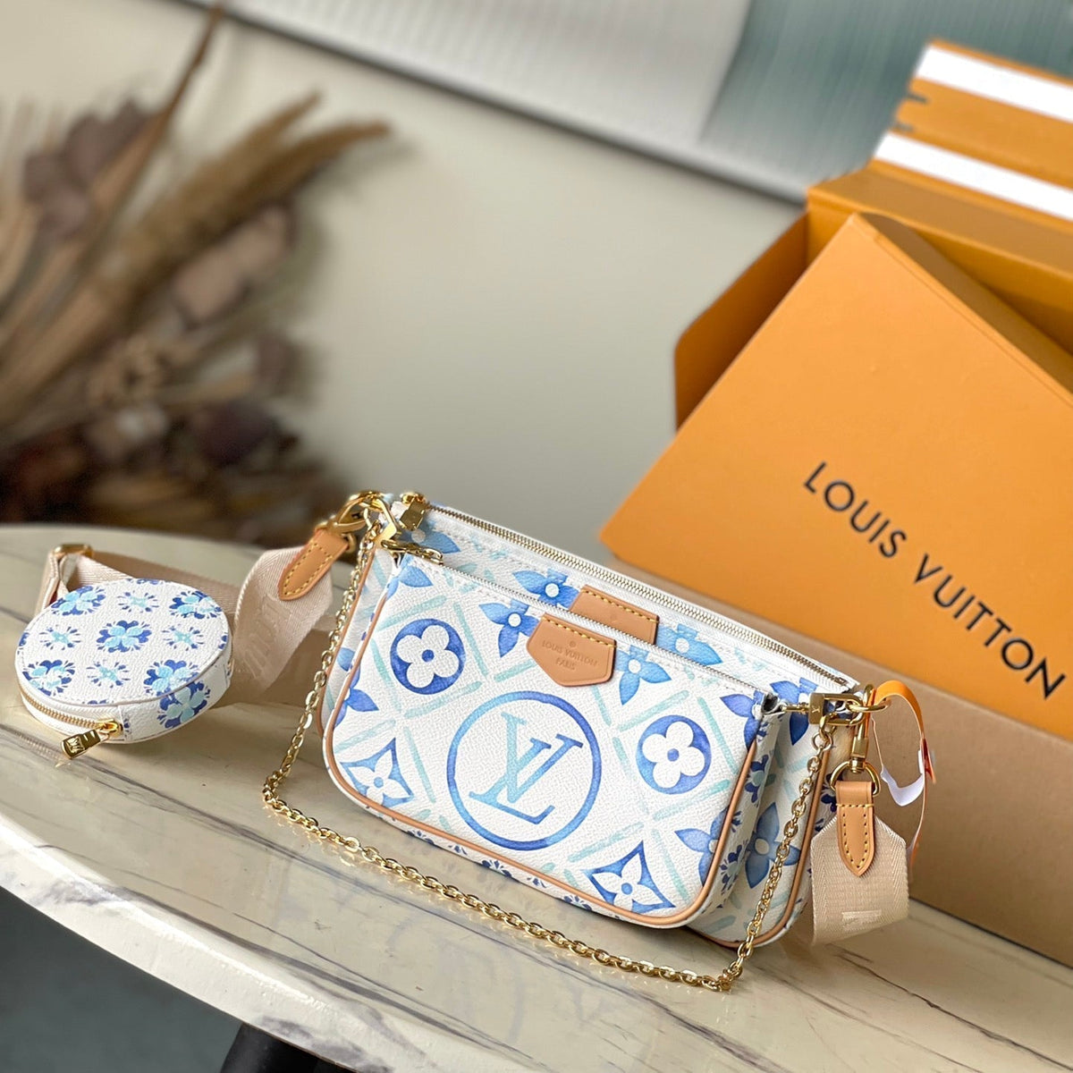 Multi Pochette Accessoires 24 in Lagoon Blue Monogram Tiles Canvas Gold Hardware