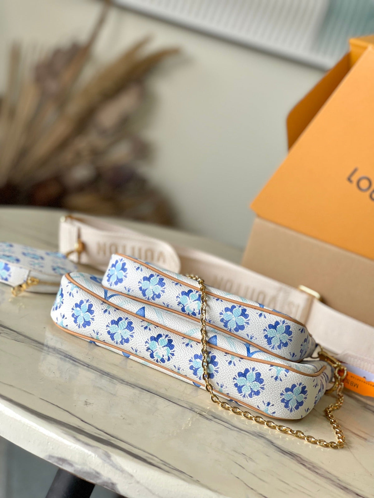 Multi Pochette Accessoires 24 in Lagoon Blue Monogram Tiles Canvas Gold Hardware