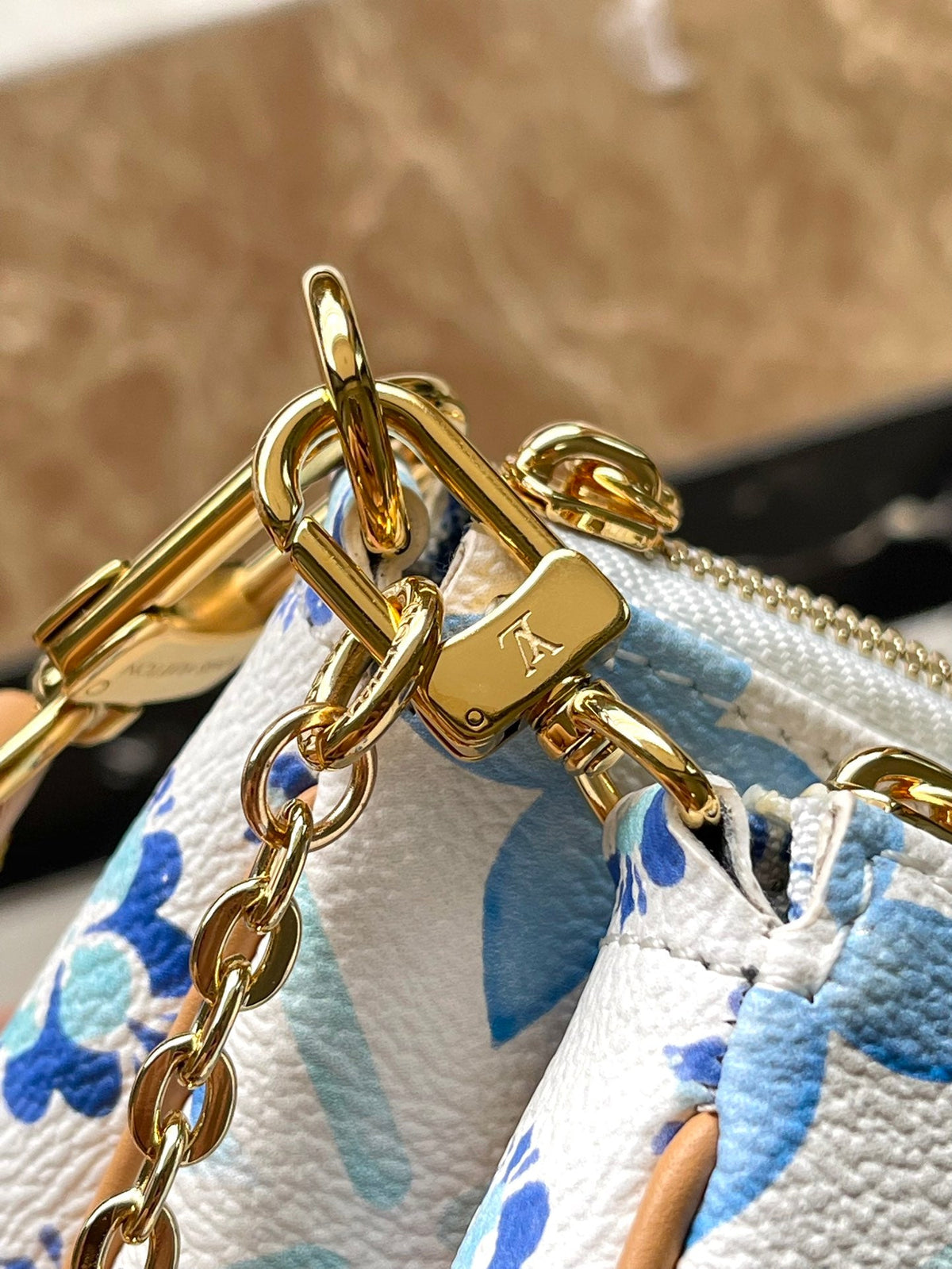 Multi Pochette Accessoires 24 in Lagoon Blue Monogram Tiles Canvas Gold Hardware