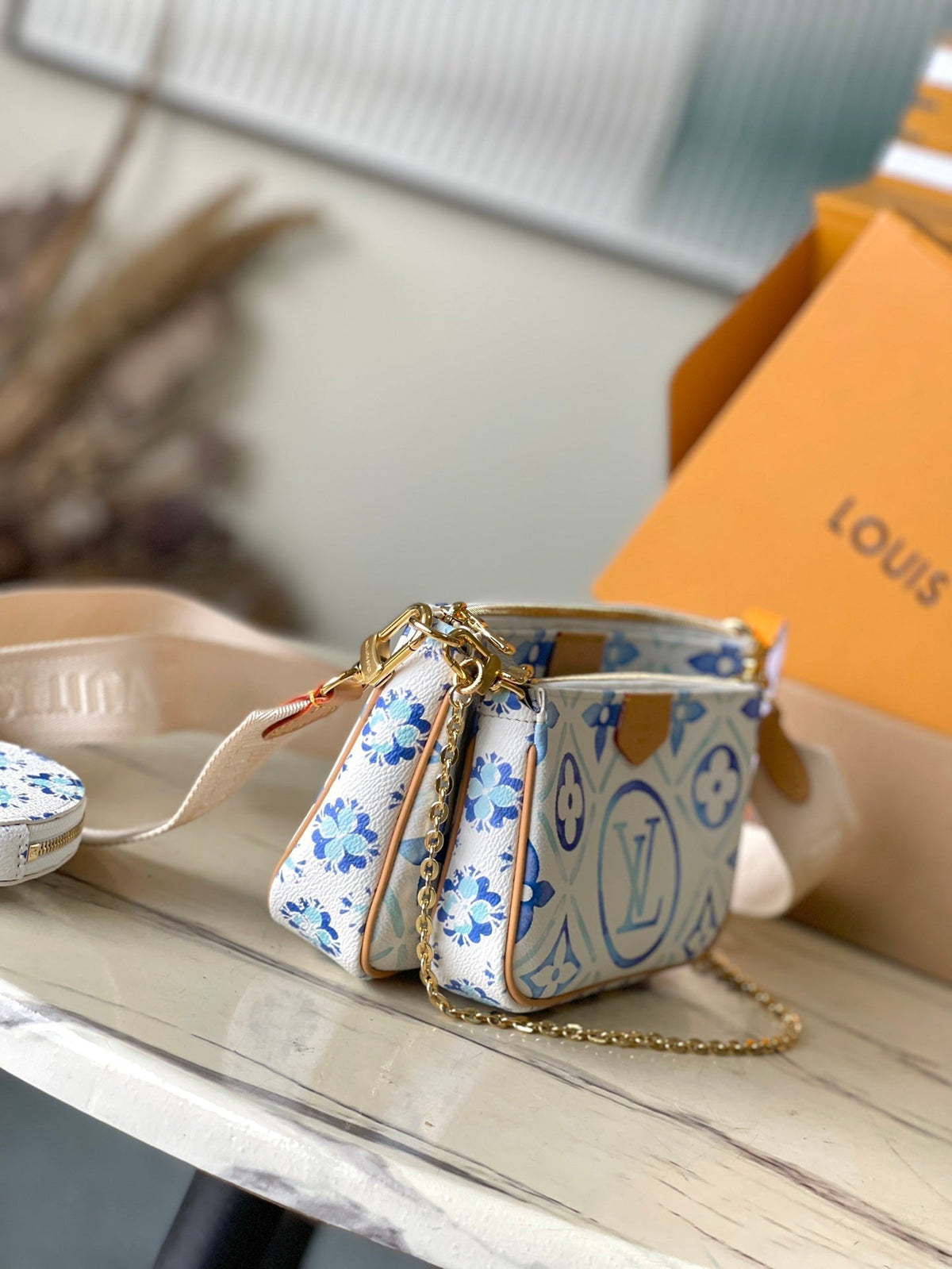 Multi Pochette Accessoires 24 in Lagoon Blue Monogram Tiles Canvas Gold Hardware