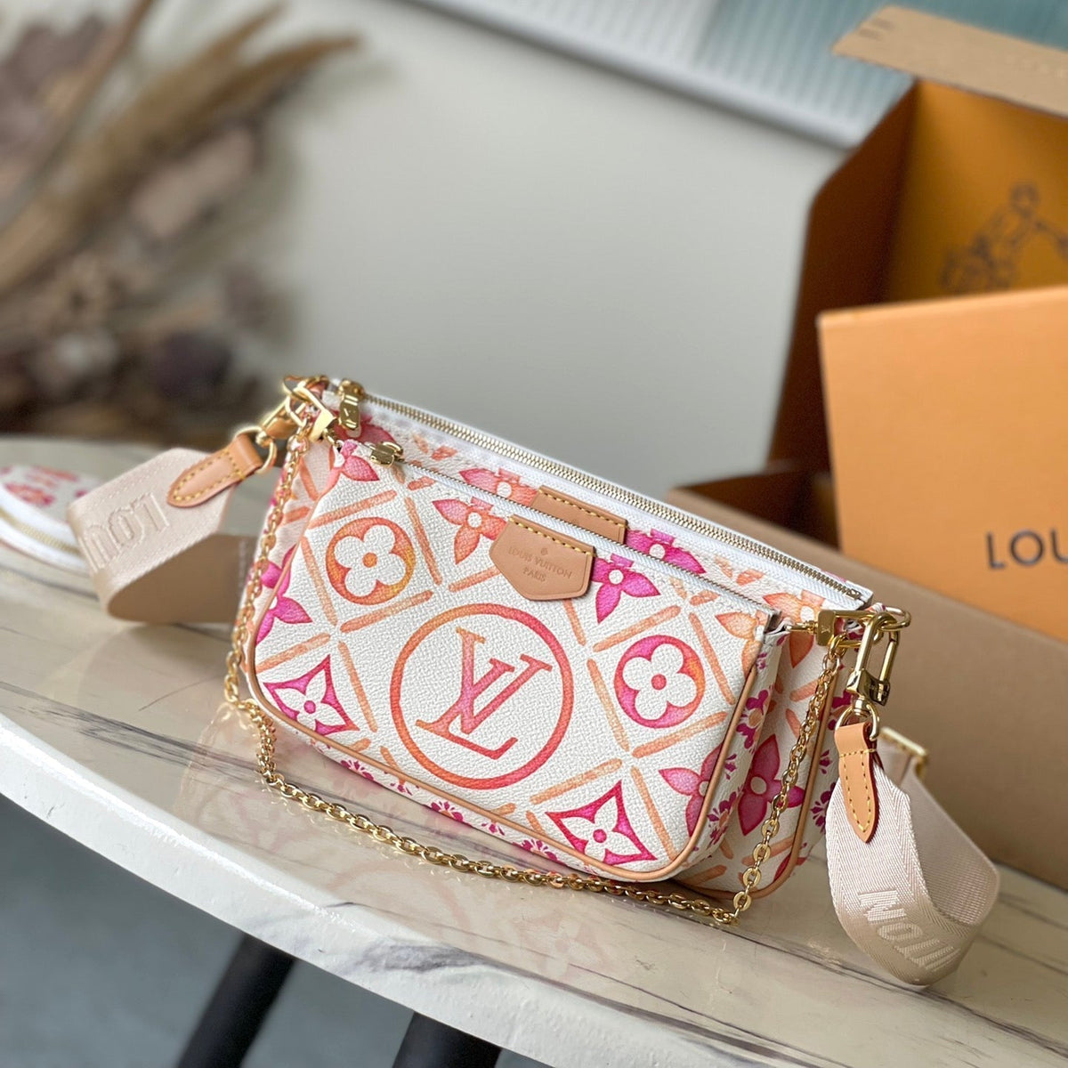 Multi Pochette Accessoires 24 in Coral Monogram Tiles Canvas Gold Hardware