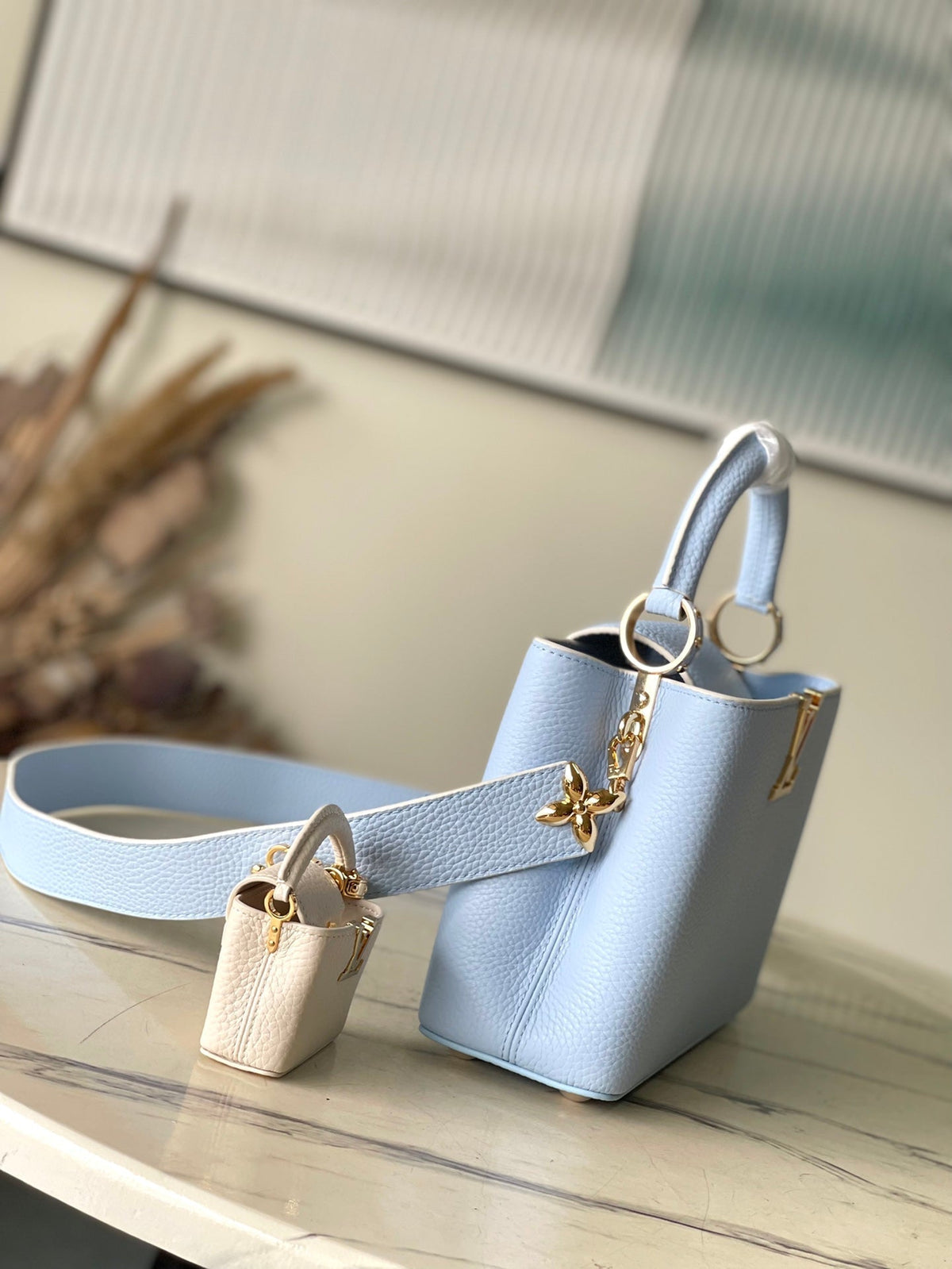 Capucines BB 26 in Candy Blue Taurillon Gold Hardware
