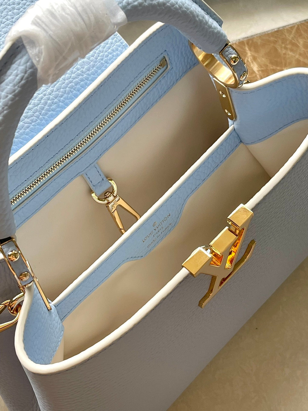 Capucines BB 26 in Candy Blue Taurillon Gold Hardware