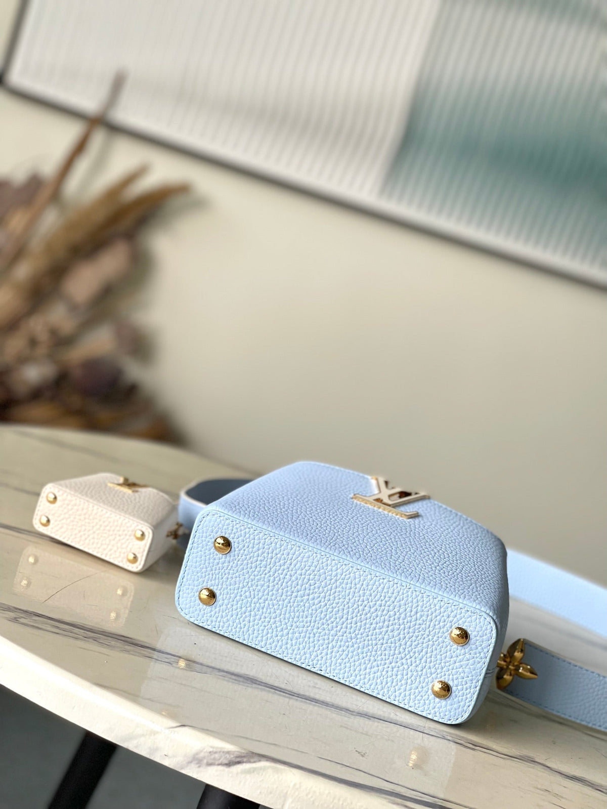 Capucines Mini 21 in Candy Blue Taurillon Gold Hardware