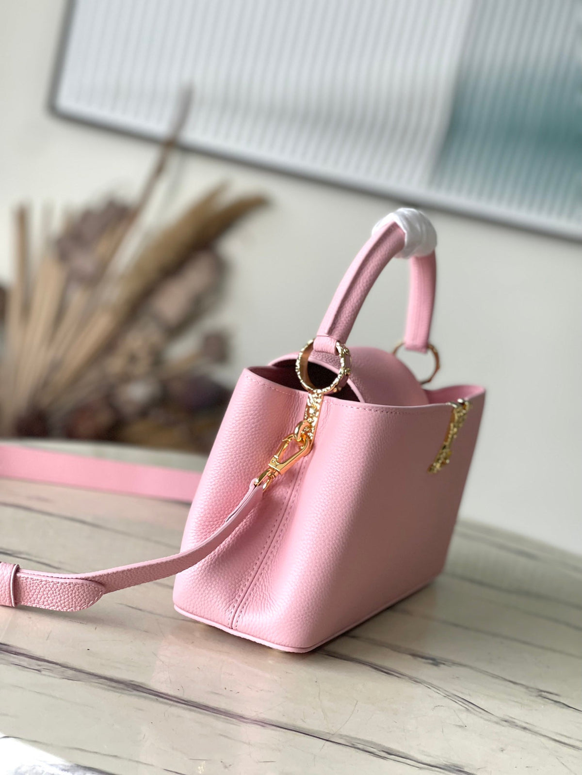 Capucines East-west 33 in Blush Pink Calfskin Gold Hardware