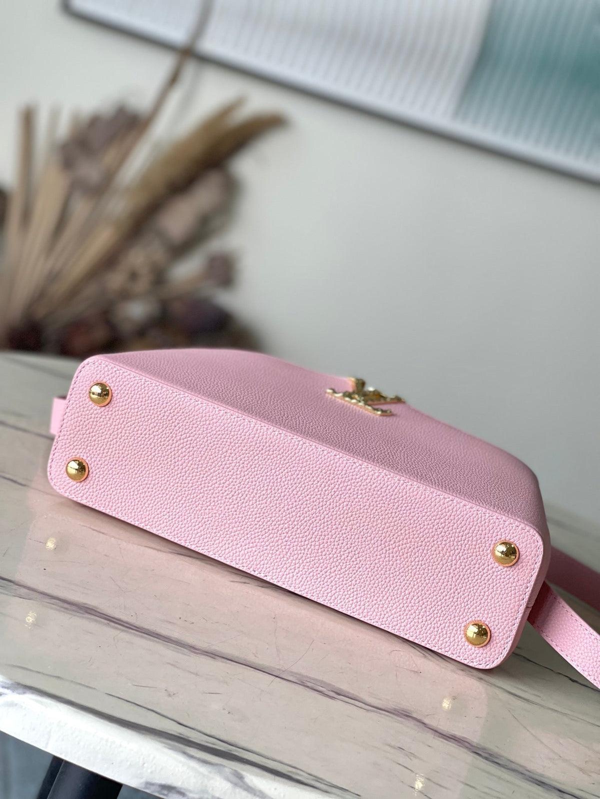 Capucines East-west 33 in Blush Pink Calfskin Gold Hardware