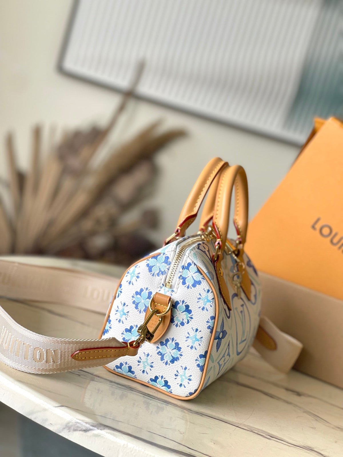 Speedy Bandoulière 20 in Lagoon Blue Monogram Tiles Canvas Gold Buckle