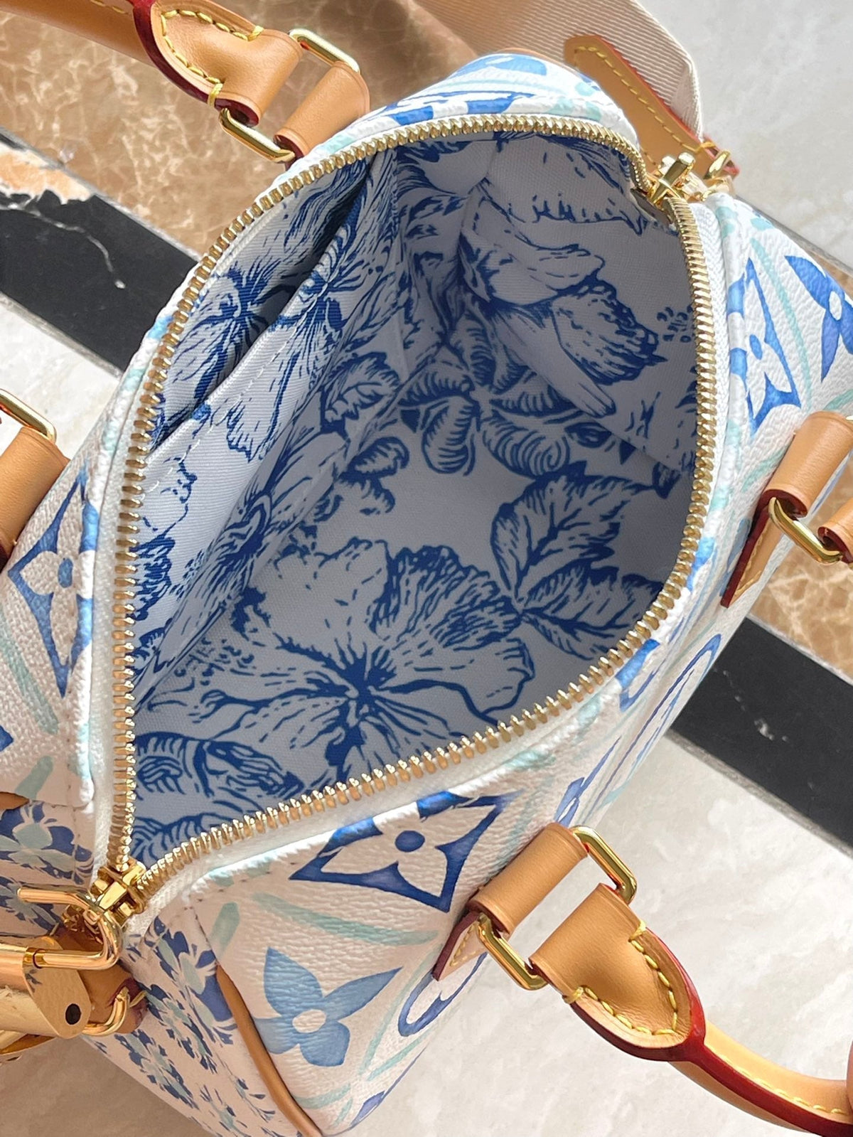 Speedy Bandoulière 20 in Lagoon Blue Monogram Tiles Canvas Gold Buckle