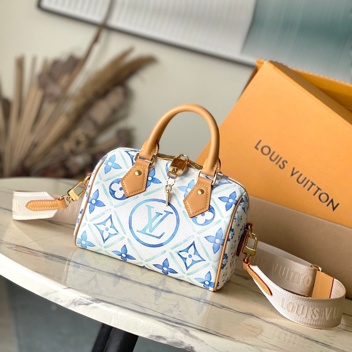 Speedy Bandoulière 20 in Lagoon Blue Monogram Tiles Canvas Gold Buckle