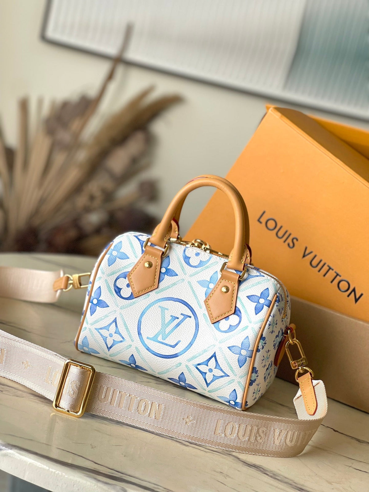 Speedy Bandoulière 20 in Lagoon Blue Monogram Tiles Canvas Gold Buckle