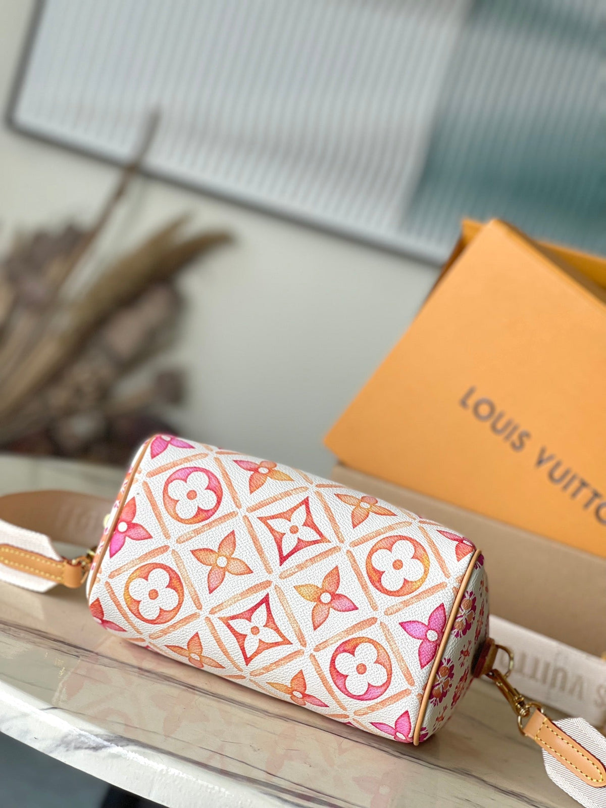 Speedy Bandoulière 20 in Coral Monogram Tiles Canvas Gold Buckle