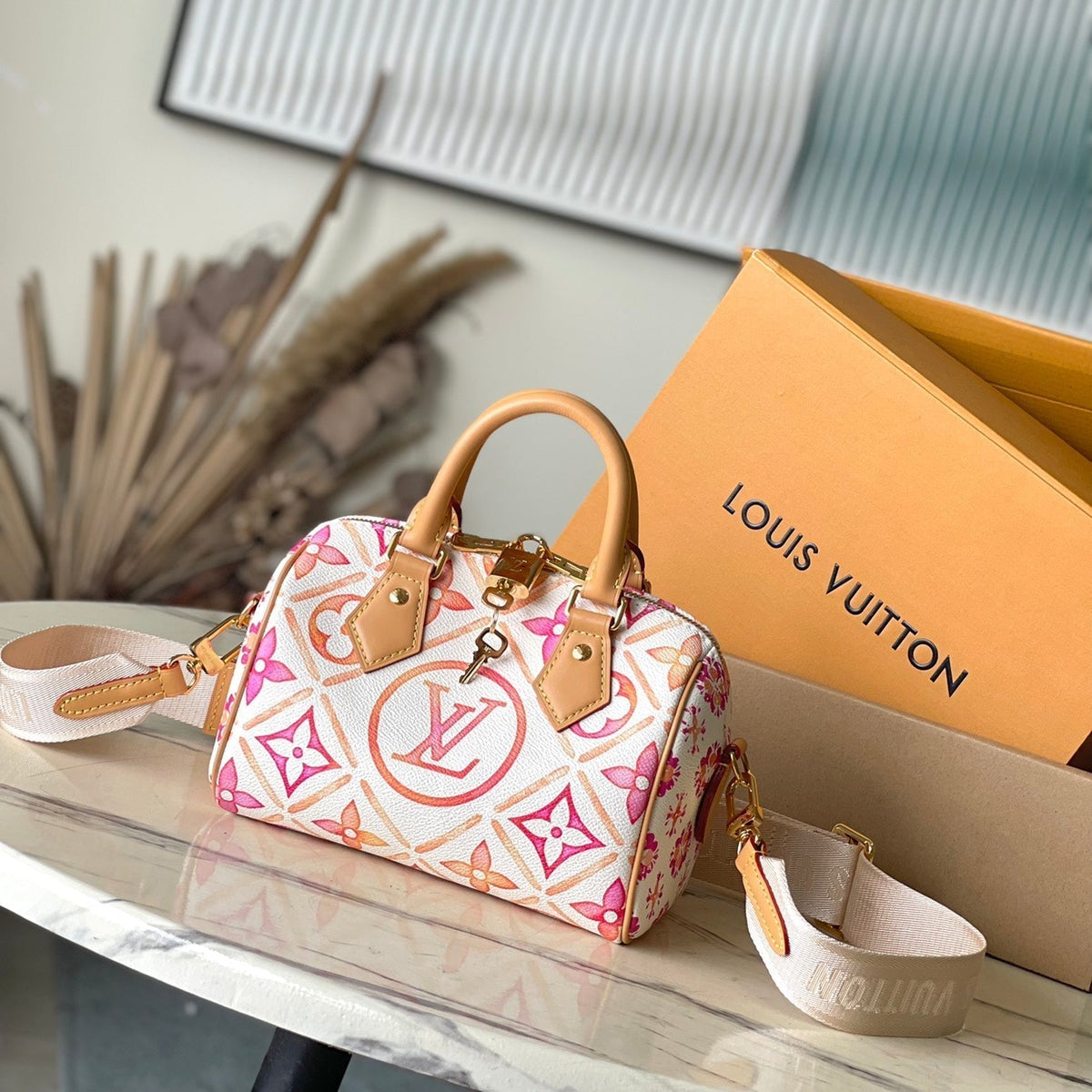 Speedy Bandoulière 20 in Coral Monogram Tiles Canvas Gold Buckle