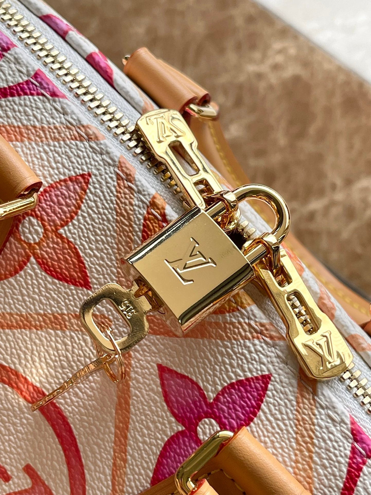 Speedy Bandoulière 20 in Coral Monogram Tiles Canvas Gold Buckle