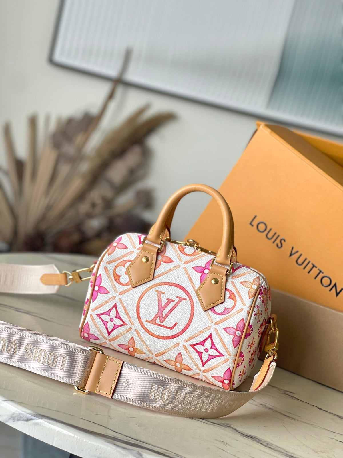 Speedy Bandoulière 20 in Coral Monogram Tiles Canvas Gold Buckle