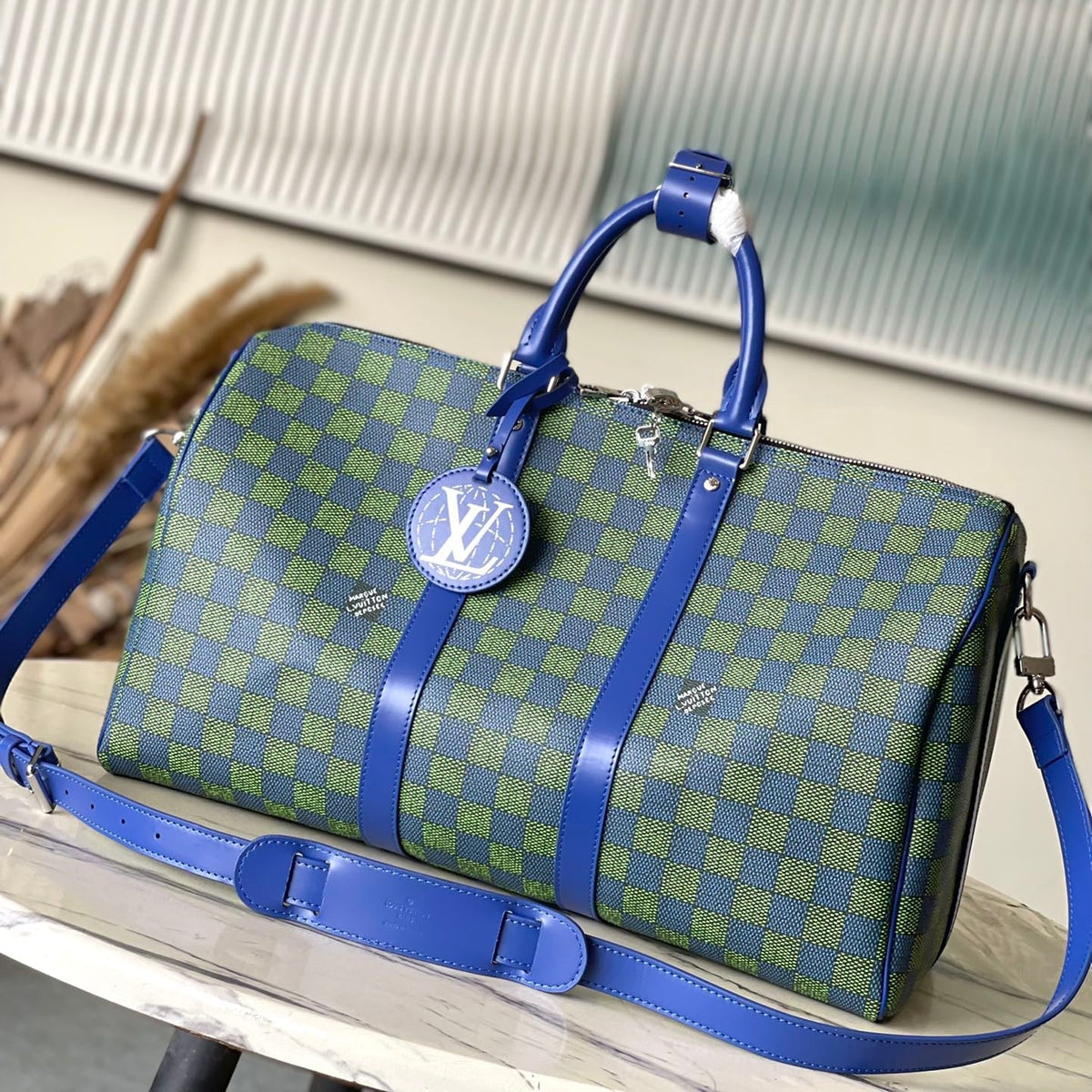 Keepall Bandoulière 45 in Blue Green Damier Heritage Coated Canvas