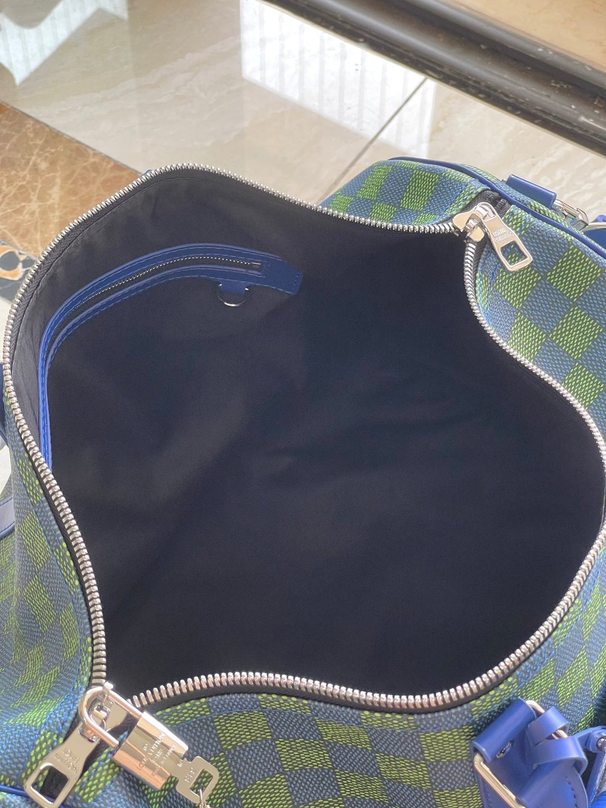 Keepall Bandoulière 45 in Blue Green Damier Heritage Coated Canvas