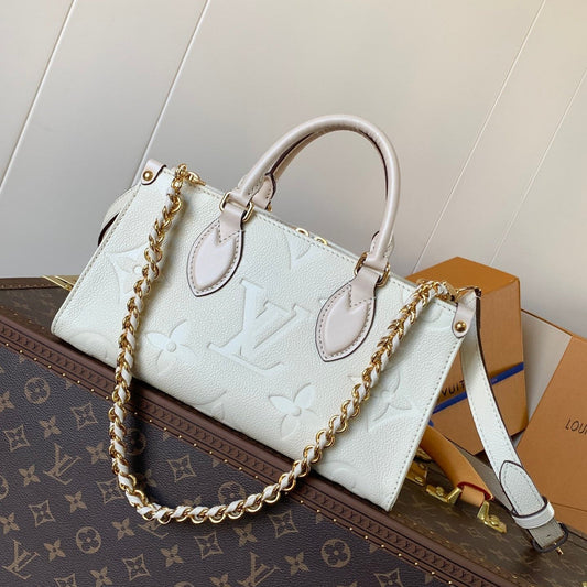 25S Onthego East West Bag 25 in Cream Calfskin Monogram Empreinte