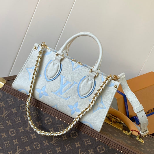 25S Onthego East West Bag 25 in White Blue Calfskin Monogram Empreinte