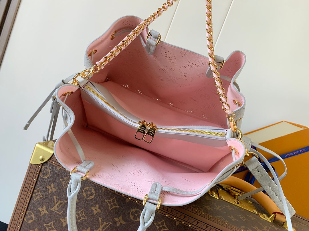 LV 25S Bella Tote Bag 32 in Pink Grey Perforated Mahina Calfskin
