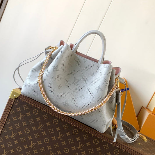 25S Bella Tote Bag 32 in Pink Grey Perforated Mahina Calfskin