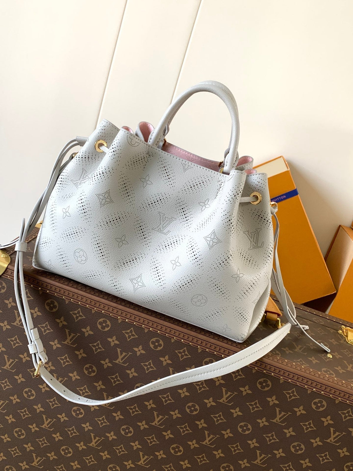 LV 25S Bella Tote Bag 32 in Pink Grey Perforated Mahina Calfskin
