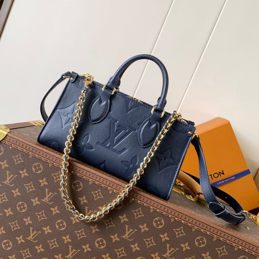25S Onthego East West Bag 25 in Navy Blue Calfskin Monogram Empreinte