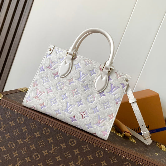 25S Onthego PM Bag 25 in Beige Dream Embossed Textured Calfskin