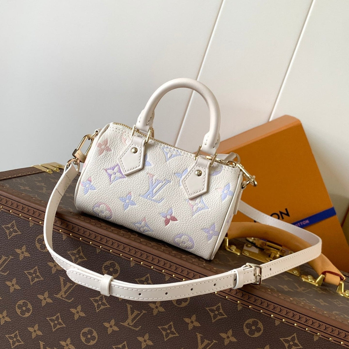 25S Nano Speedy 16 in Beige Dream Embossed Textured Calfskin