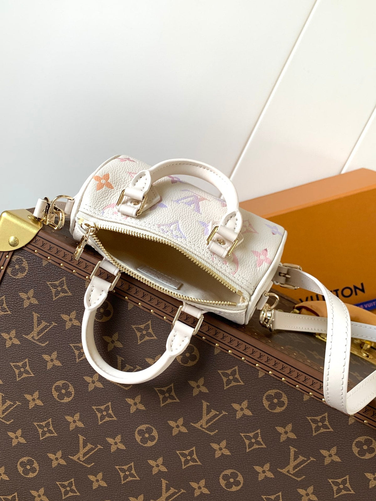 25S Nano Speedy 16 in Beige Dream Embossed Textured Calfskin