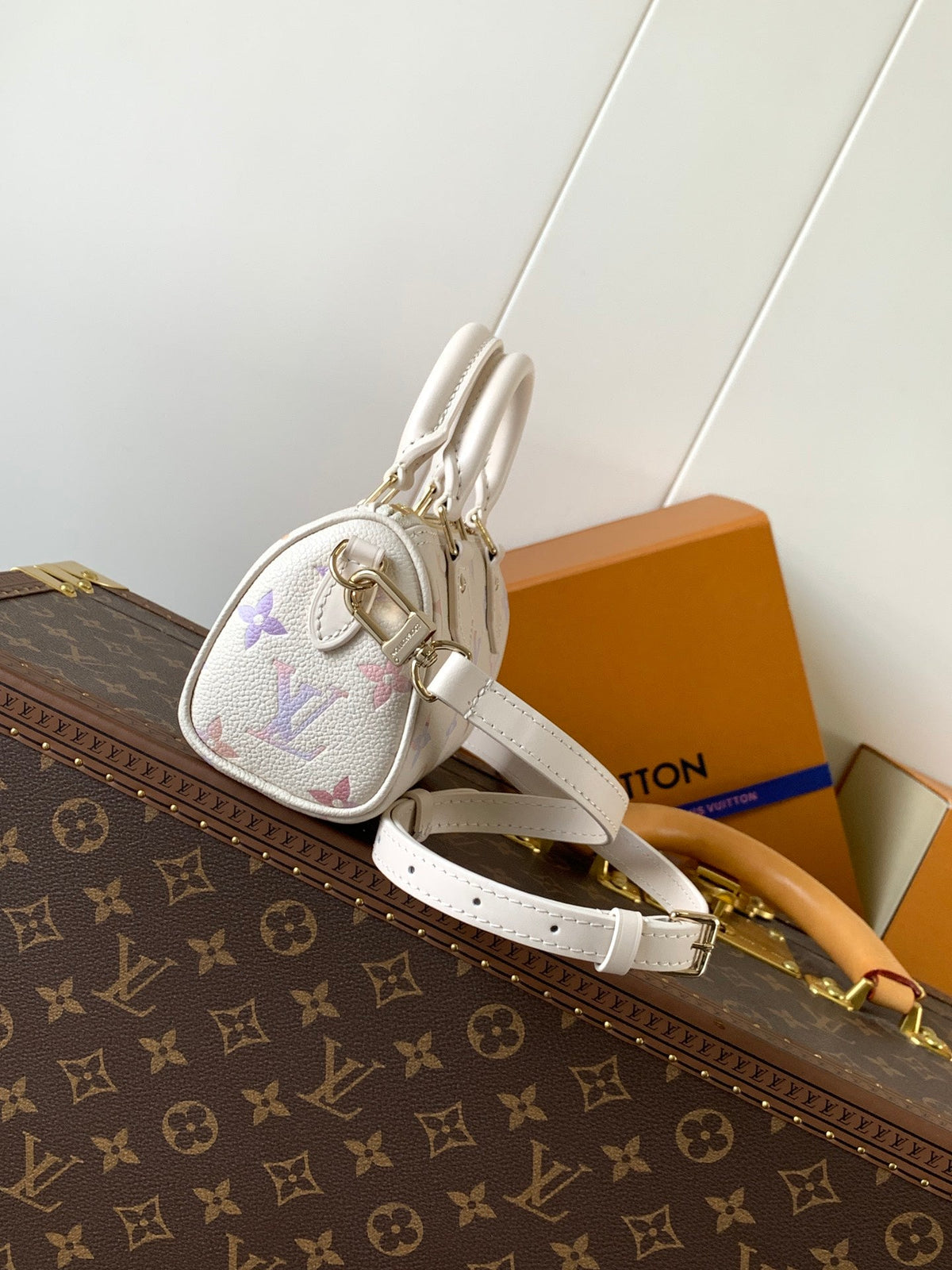 25S Nano Speedy 16 in Beige Dream Embossed Textured Calfskin