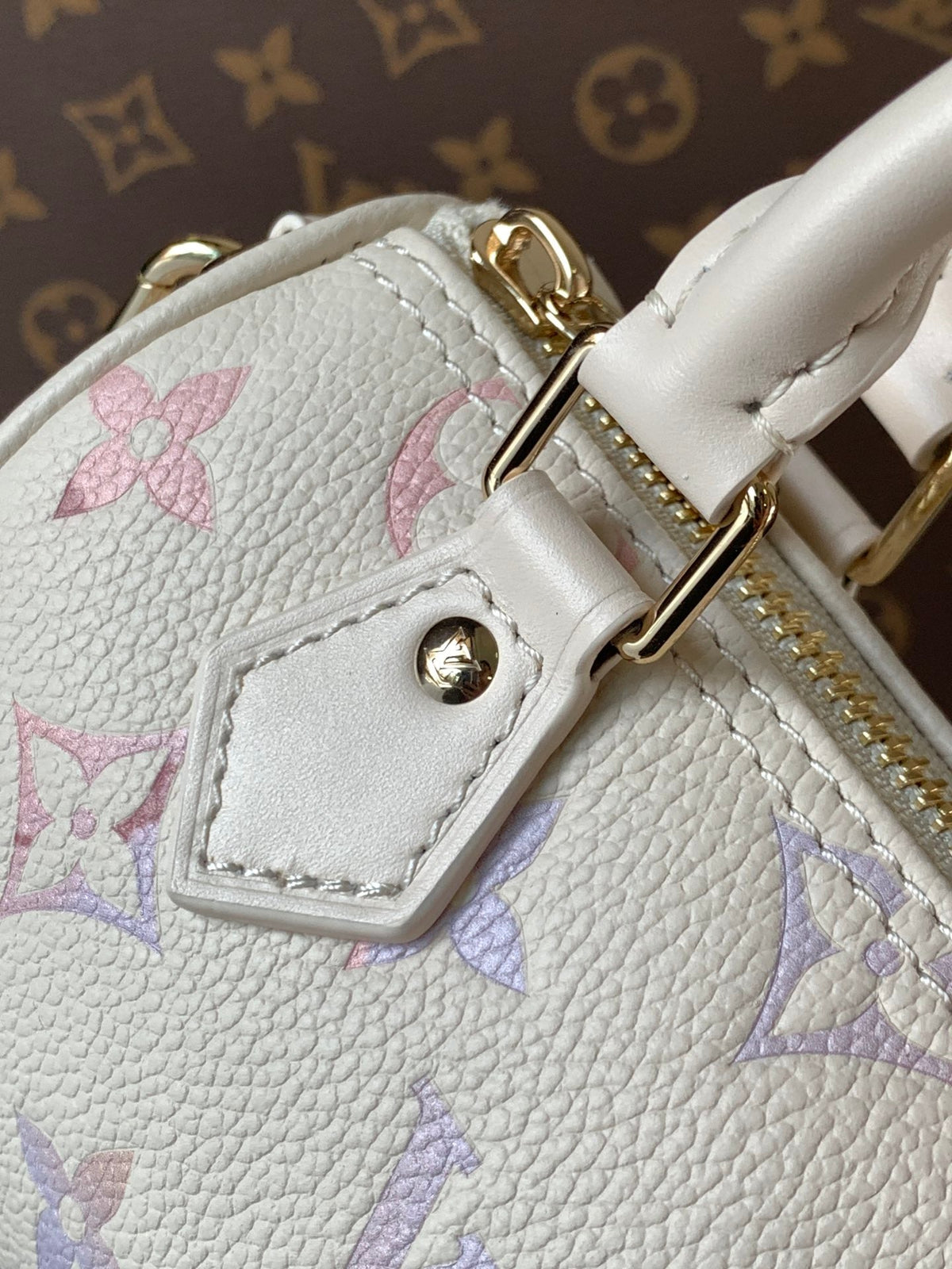 25S Nano Speedy 16 in Beige Dream Embossed Textured Calfskin