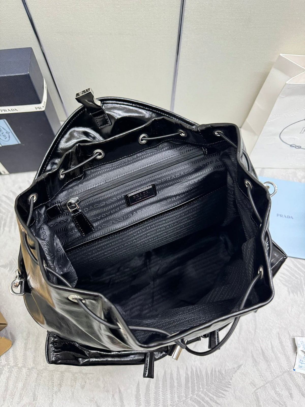 Pra 25S Backpack 45 in Black Glossy Calfskin Silver Hardwre