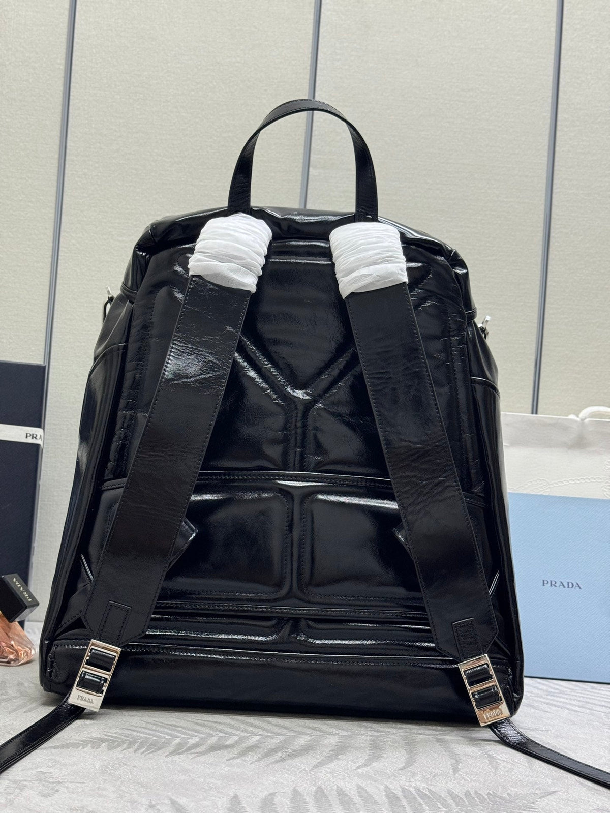 Pra 25S Backpack 45 in Black Glossy Calfskin Silver Hardwre