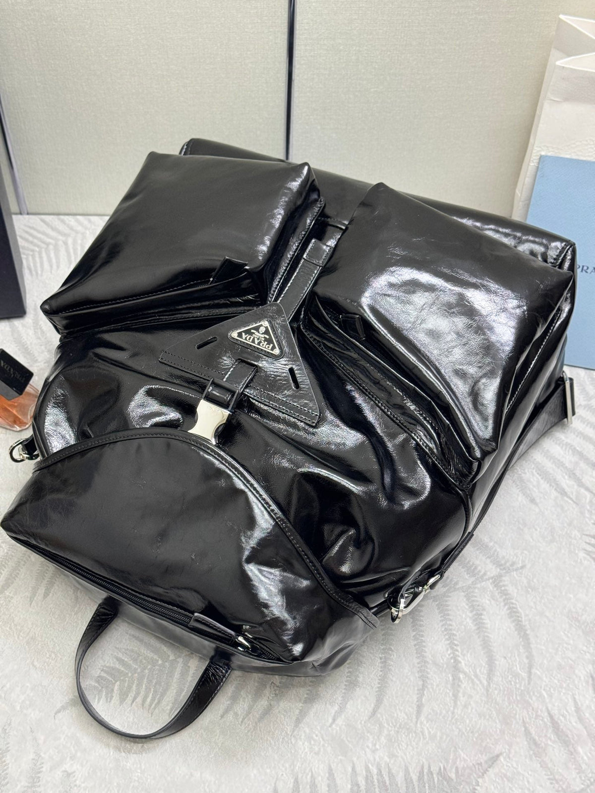 Pra 25S Backpack 45 in Black Glossy Calfskin Silver Hardwre