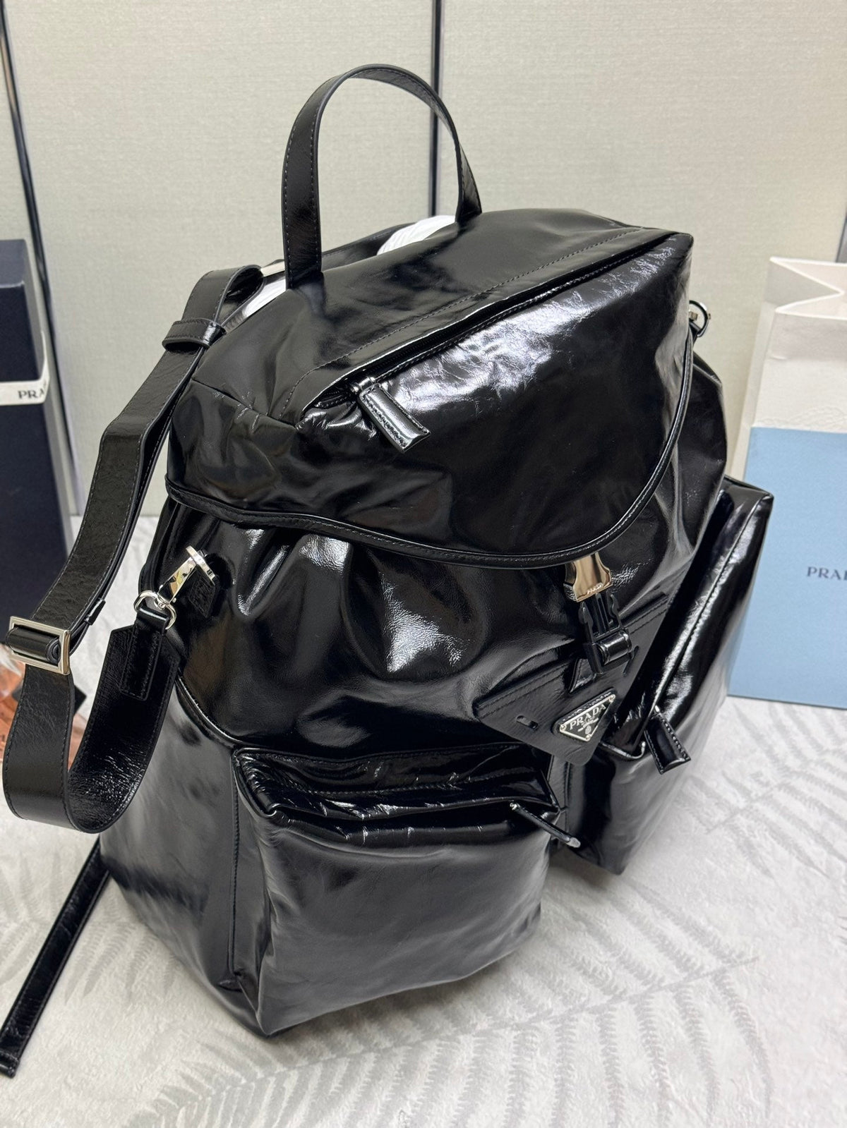 Pra 25S Backpack 45 in Black Glossy Calfskin Silver Hardwre
