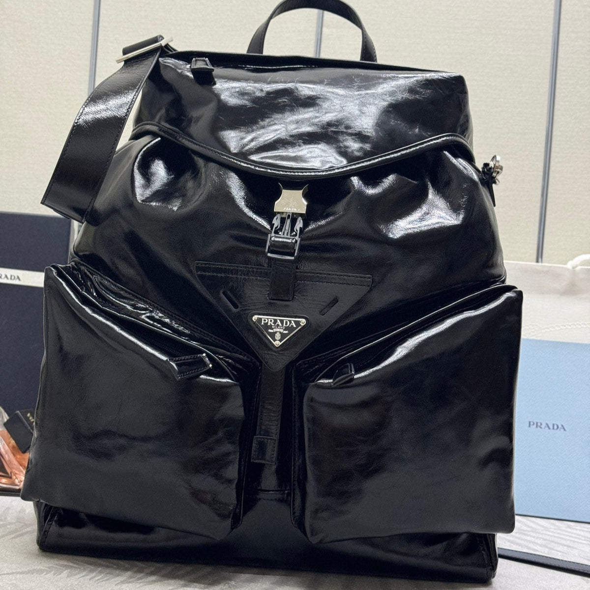 Pra 25S Backpack 45 in Black Glossy Calfskin Silver Hardwre