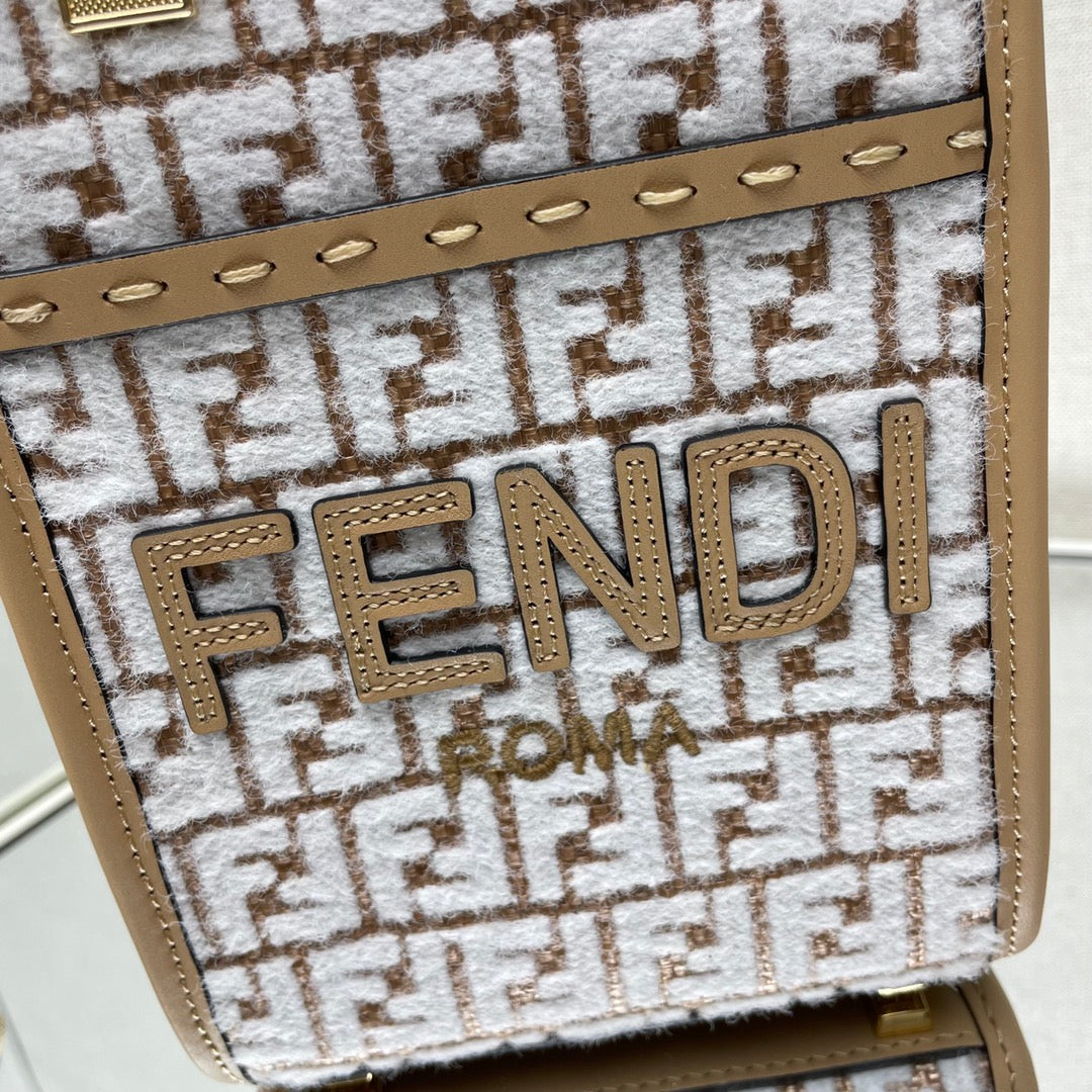 Mini Sunshine 18 in White Wool and Camel Brown Raffia Calfskin Trim