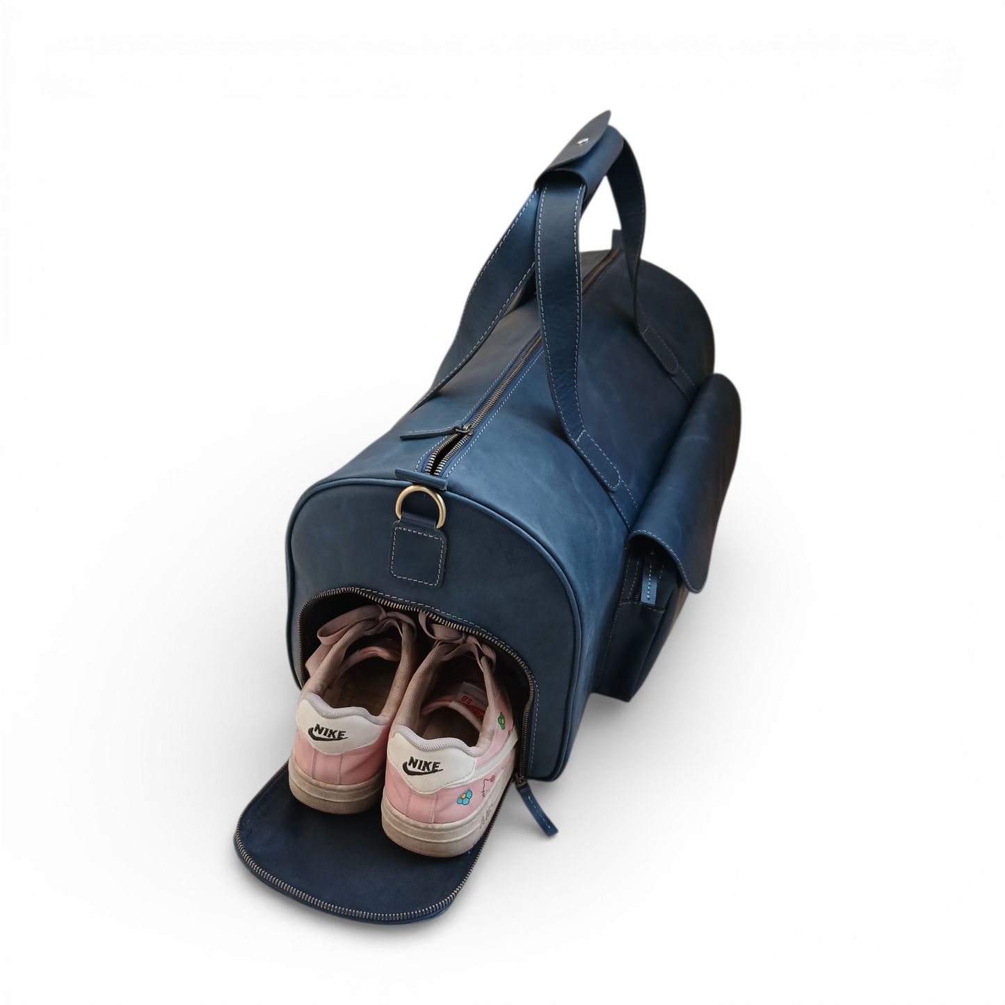 Jacketcart  Navy Full-Grain Pull-Up Leather Duffel Bag