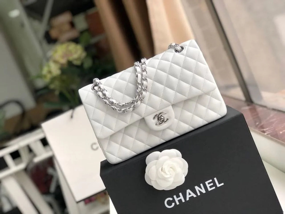 Chanel Classic Flap Bag 25cm Lambskin Leather Silver Hardware White