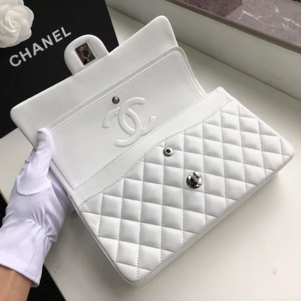 Chanel Classic Flap Bag 25cm Lambskin Leather Silver Hardware White
