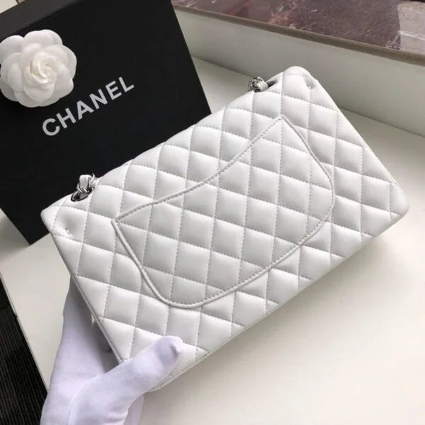 Chanel Classic Flap Bag 25cm Lambskin Leather Silver Hardware White