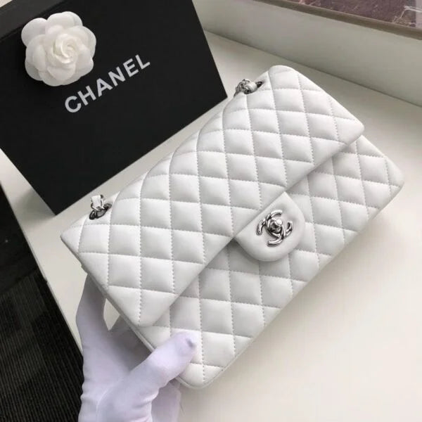 Chanel Classic Flap Bag 25cm Lambskin Leather Silver Hardware White