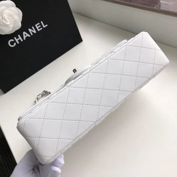 Chanel Classic Flap Bag 25cm Lambskin Leather Silver Hardware White