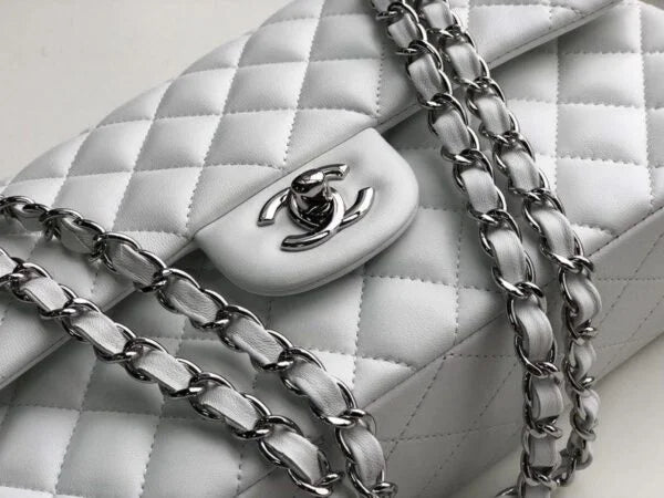 Chanel Classic Flap Bag 25cm Lambskin Leather Silver Hardware White